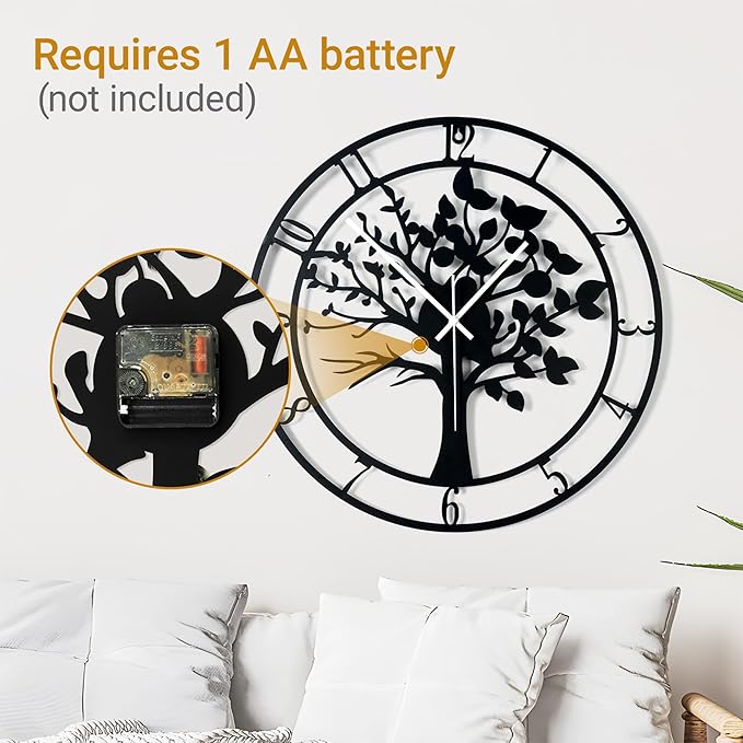 16inch/40cm Tree of Life Wall Clock for Bedroom Living Room Battery Operated Metal Decorative Analog Silent Analog Non Ticking Clocks Room Wall Decor (Tree of Life, 16 inches)