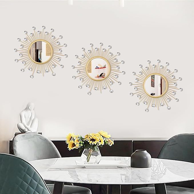 3 Pack Metal Mirrors for Wall Sunburst Wall Mirrors Home Décor Decorative Hanging Wall Art for Living Room Bedroom Entryway (Gold Crystal, Sunburst)
