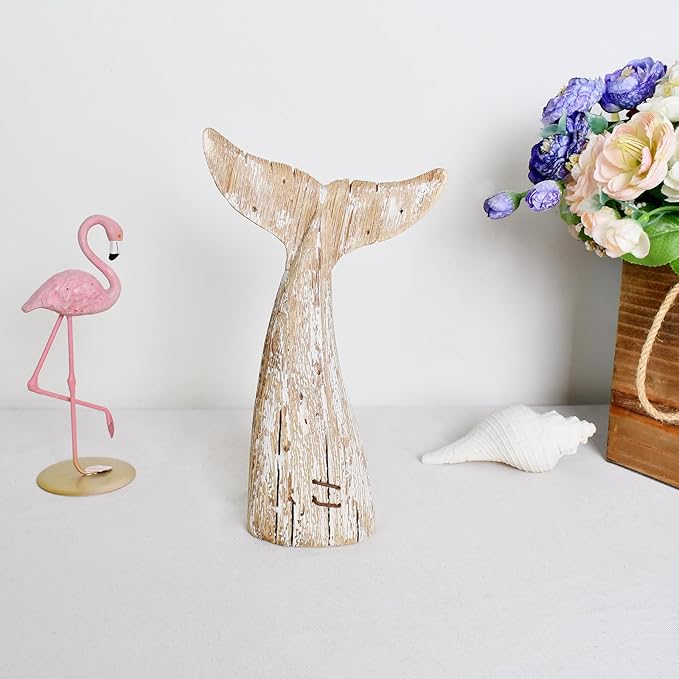 Linfevisi Wooden Whale Tail Decor Tabletop Nautical Decor Solid Wood Whales Tail Statue Sculpture Standing Coastal Decor Beach Figurines for House Sea Decor for Bathroom Ocean Theme Home Decor 8.5" H