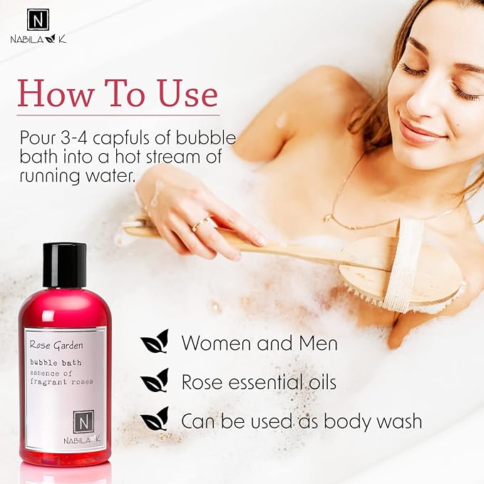 Rose Garden Bubble Bath by Nabila K - Essential Oils with Natural Ingredients for Sensitive Skin, Tear-Free, Gentle, Moisturizing - Luxury for Women & Men, 8 oz