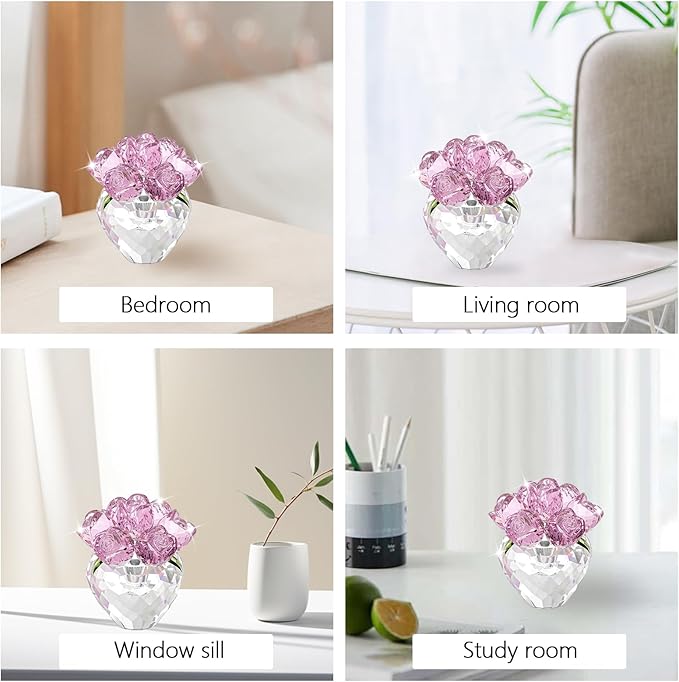 Crystal Flower Figurines- Glass Rose Home Decor - Flower Bouquet for Ladies Gifts(Pink)