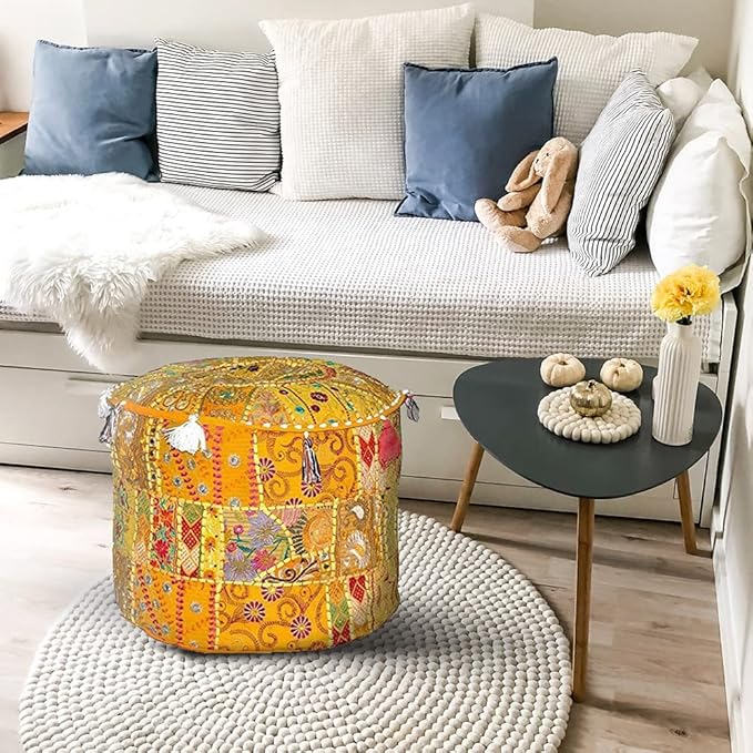 Aakriti Gallery Indian Pouf Footstool - Ethnic Embroidered Ottoman Pouf Cover, Cotton Round Pouffe - Yellow, 22x14