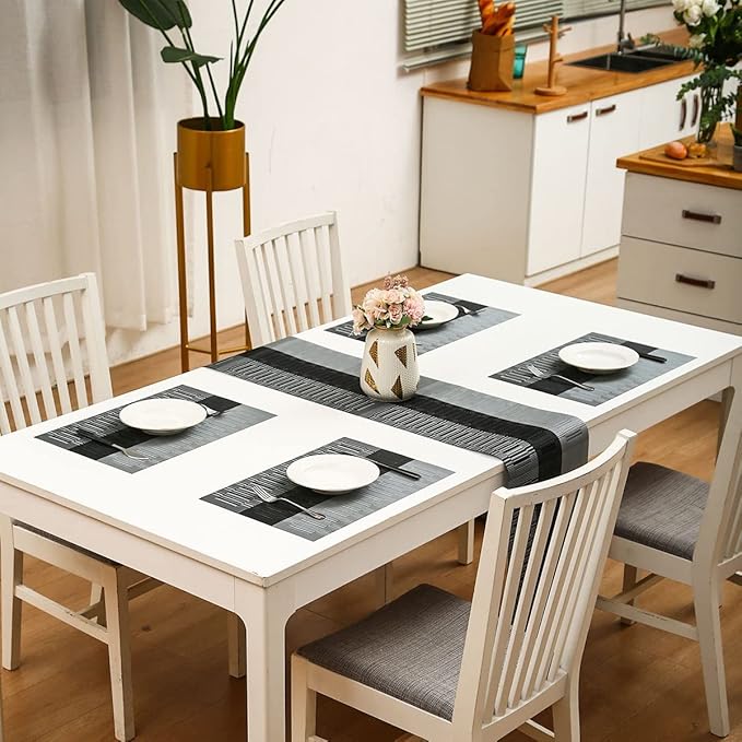 HeloHo Black Grey Stripe Placemats Set of 8, Heat-Resistant Washable Placemats Non-Slip Vinyl Woven Table Mats Wipeable Placemat for Kitchen Dining Table Decoration Indoor Outdoor