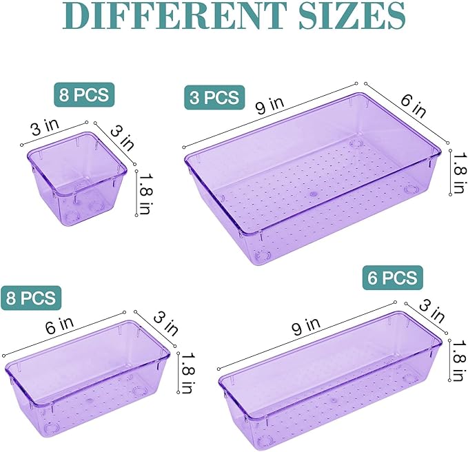 25 PCS Drawer Organizer Set, 4 Varied Size Bathroom and kitchen Drawer cabinet organizer Trays, Clear Storage Bins for Makeup, Jewelry, Utensils and Gadgets, Purple