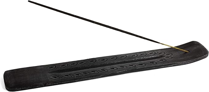 Wooden Incense Holder - Carved Wood Hand Painted - 10 inches Long (Black)