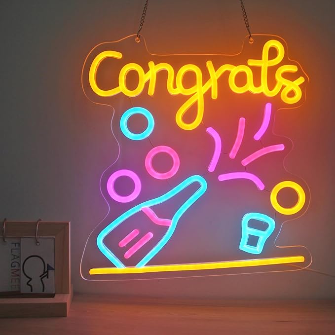 Congrats Neon Grad Sign for Graduation, Wedding, Birthday - Multi-color Lights, 13.6 * 12.7Inch