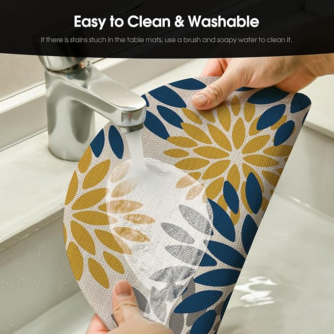 Artoid Mode Navy Yellow Dahlia Plastic Round Placemats Set of 4, 14 Inch Seasonal Wipeable Woven Vinyl Table Mats for Farmhouse Party Kitchen Dining Decor