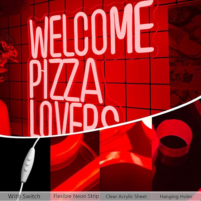 Welcome Pizza Lovers Neon Light, Red Dimmable LED Personalized Pizza Lovers Neon Sign, Family Restaurant Entertainment Room Food Theme Party Wall Neon Sign Decoration, Ideal Holiday Gift For Pizza Lovers, Children, Family (12.9*12.5in)