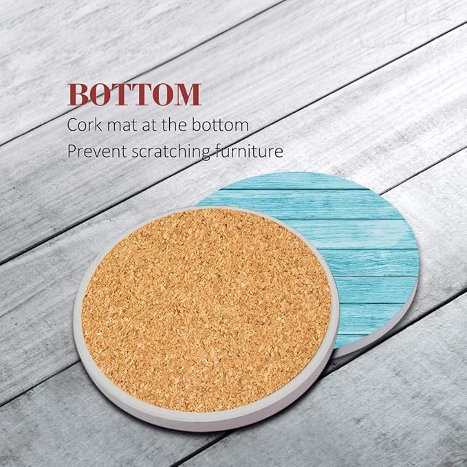 Britimes Coaster for Drinks Set of 6, Wooden Planks Blue Wood Paint Table Absorbent Round Ceramic Stone Mat, with Cork Base and Metal Holder, Gift for Housewarming Room Bar Decor