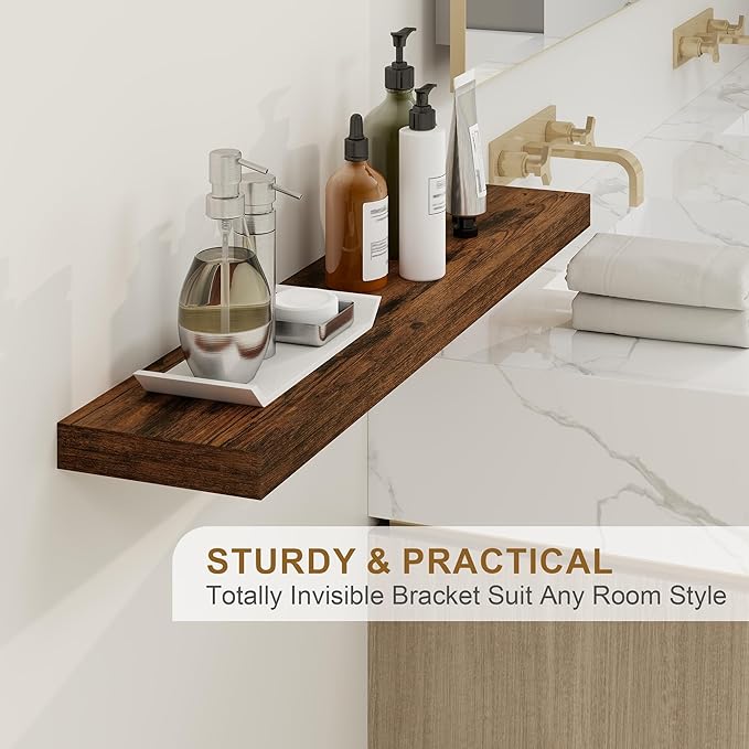 Fun Memories Floating Shelves for Wall, 48Inch Floating Shelves Set of 2, Hanging Shelf with Invisible Brackets, Wood Shelves for Living Room, Bedroom, Kitchen, Brown