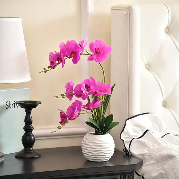 Artificial Orchids in Vase Fake Real Touch Orchid Flowers in Pot Faux Phalaenopsis Potted with Ceramic Vase for Home Office Wedding Table Decoration, Fuchsia
