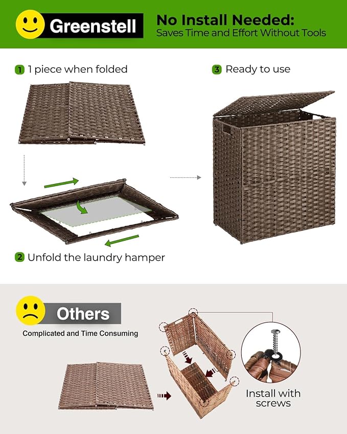 Greenstell Laundry Hamper with lid, No Install Needed, 90L Wicker Laundry Baskets Foldable 2 Removable Liner Bags, 2 Section Clothes Hamper Handwoven Rattan Laundry Basket with Handles, Brown