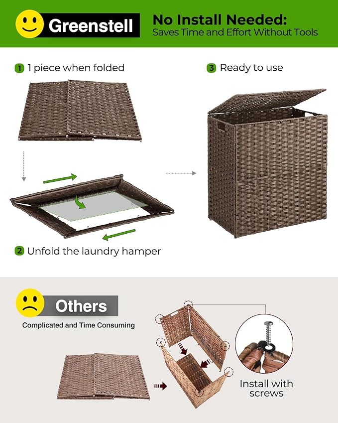Greenstell Laundry Hamper with lid, No Install Needed, 110L Wicker Laundry Baskets Foldable 2 Removable Liner Bags, 2 Section Clothes Hamper Handwoven Rattan Laundry Basket with Handles, Brown