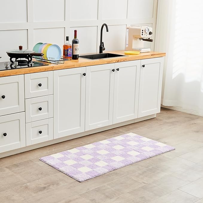 CozeCube Checkered Bath mats for Bathroom Non Slip, Fluffy Absorbent Microfiber Bath mat Washable, Aesthetic Bathroom Rugs, Cute Bath mat for Shower Sink, Purple, 24" x 16"