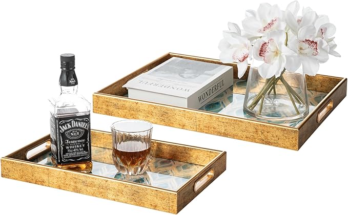 Glitzhome Serving Tray with Handles, Set of 2 Rectangle Wooden & Plastic Peacock Feathers Pattern Decorative Trays Storage Tray for Living Room Ottoman Party Supplies, 17.5" x12.5" and 15.75" x 9.75"