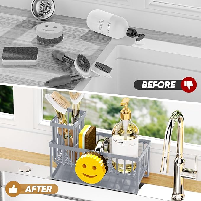 Sponge Holder for Kitchen Sink,Smiley Face Sink Caddy with Removable Brush Holder,Self-Draining Sponge Caddy for Sponge,Soap,Dish Brush,Scrubber,Kitchen Essentials and Gadgets-Gray