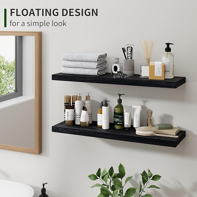 Marsmiles Wood Floating Shelves for Wall Set of 2, 24 Inch Wide Rustic Wooden Floating Shelves, Invisible Wall Mounted Display for Living Room Bedroom Kitchen Bathroom Office, Black