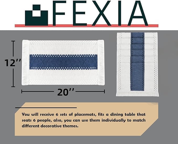 FEXIA Blue Boho Placemats Set of 6, Macrame Table Decor and Farmhouse Style Placemats Natural Cotton Burlap, for Dining Table, Blue