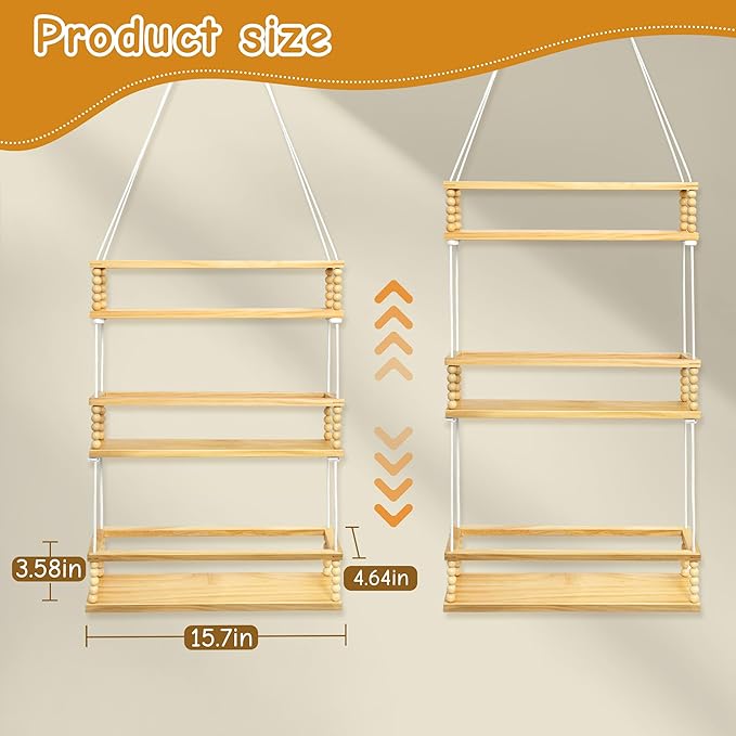 Gronda Stuffed Animal Storage 3 Tier Hanging Toy Organizer Adjustable Stuffies Animals Hammock Plush Holder Nursery Decor Wooden Floating Shelf for Kids Room Bedroom Living Room Nursery