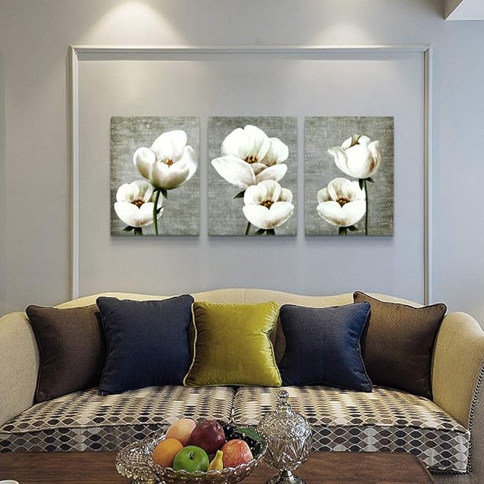 Large Wall Decor Living Room Canvas Wall Art For Bedroom Gray Green Vintage Style White Flowers Wall Painting Abstract Pictures Artwork Wall Decorations For Kitchen Modern Room Home Decor 3 Piece