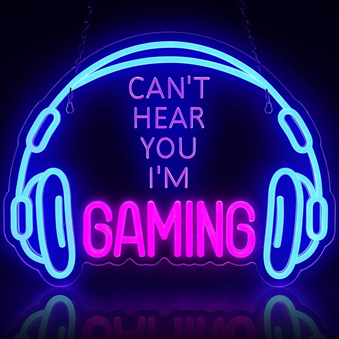 Gaming Neon Sign, Large Bright and Dimmable Colored LED Headset Gamer Neon Light and USB Powered Headphone Lightup Game Signs for Game Zone Video Room Boy Bedroom Wall Decor (Can't Hear You I'm Gaming)