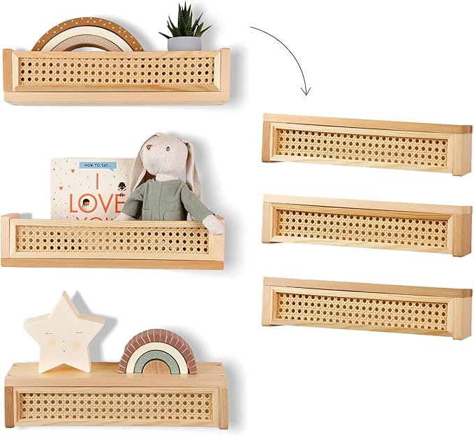 Rattan Floating Shelf Set of 3, Nursery Book Shelves for Wall Decor in Boho Style, Wall Shelf for Kids, Baby Bookcase for Nursery, Floating Book Shelves for Playroom, Wicker Wall Shelf