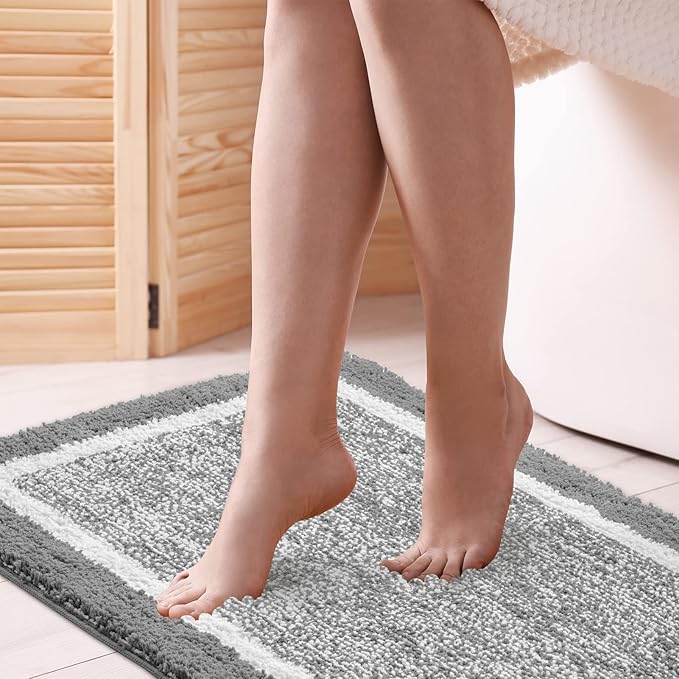 CozeCube Bath mats for Bathroom Non Slip, Fluffy Shaggy Bath Rugs for Bathroom Washable, Extra Soft and Absorbent Microfiber Bath Rugs for Shower Sink, Kitchen Sink, Light Grey, 16" x 24"