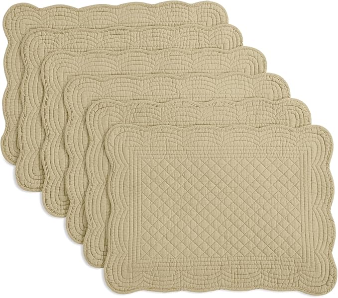 HOMBYS Quilted Placemats Set of 6 Washable-13x18 inches Rectangular Placemats for Kitchen Table-100% Cotton Fabric Rectangular Table Mats, (Khaki)
