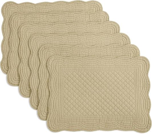HOMBYS Quilted Placemats Set of 6 Washable-13x18 inches Rectangular Placemats for Kitchen Table-100% Cotton Fabric Rectangular Table Mats, (Khaki)