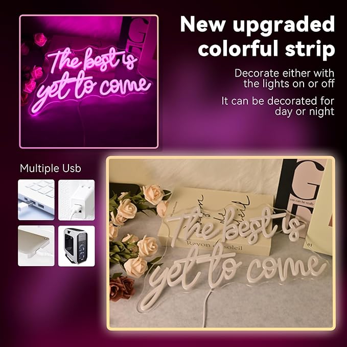 The Best Is Yet to Come Neon Sign Pink Letter Led Neon Lights For Wall Decor Usb Power Light Up Signs For Bedroom Home Bar Wedding Birthday Party Kids Room Teens Gifts