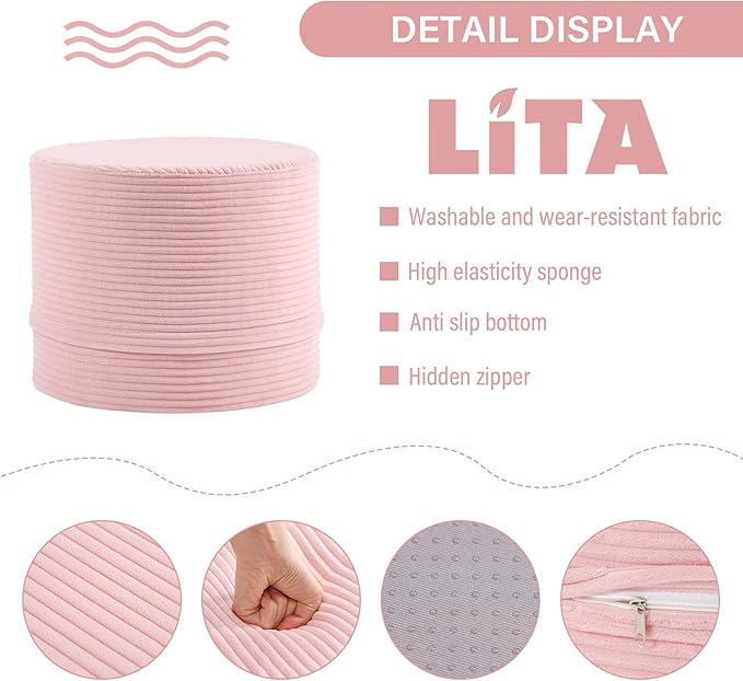 LITA Round Stuffed Pouf Ottoman, Velvet Poufs with High-Density Foam Filling and Washable Cover, Furry and Fluffy Bean Bag Foot Stools Ottoman for Living Room, Bedroom, Office, Pink