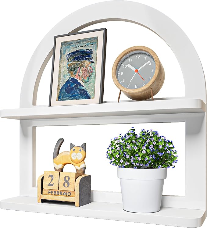 2 Tier Natural Arched Wall Shelf, Pine Wood Fan-shaped Nursery Floating Shelf, Cute Boho Shelf for Neutral Nursery Decor, Arched Bookshelf for Storage, Wooden Decorative Shelf for Home & Office, White