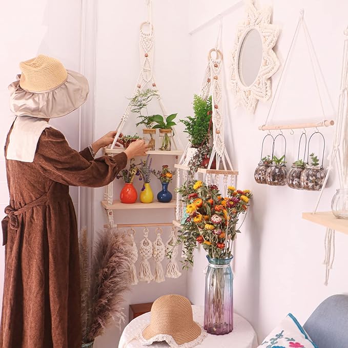 Wall Hanging Shelves Macrame Boho Floating Plant Photos Storage Rack Wood Shelf with Hooks for Bedroom Living Room Bathroom (2tier Shelves)