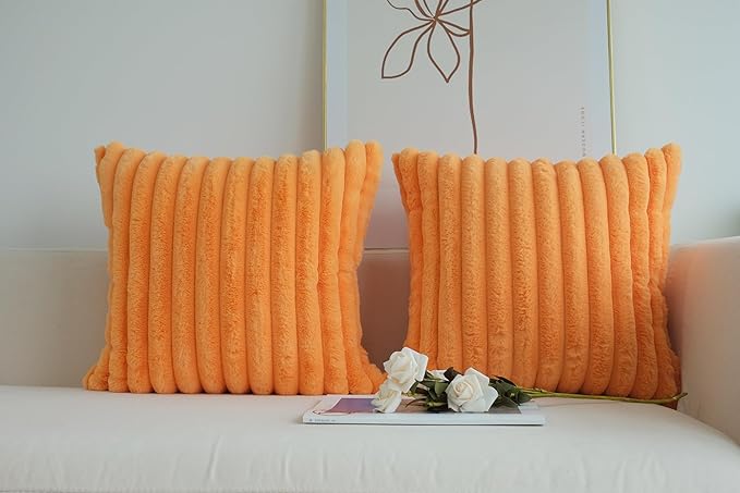 JOJUSIS Pack of 2 Faux Fur Plush Decorative Throw Pillow Covers Couch Cushion Case Soft Pillowcases (Orange, 16 x 16-Inch)