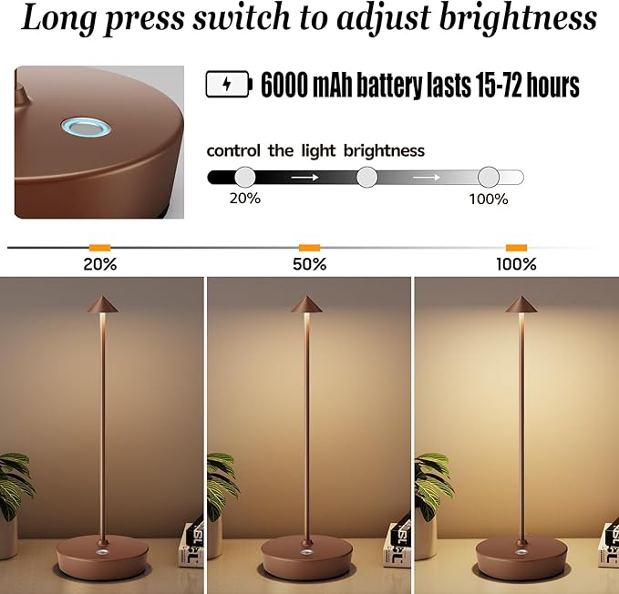 Rechargeable Cordless Table Lamp, Portable Powered LED Battery 6000mAh Metal USB Desk Lamp, 3 Levels Brightness Light for Restaurants Outdoor (Coffee)