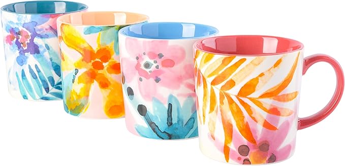 Spice by Tia Mowry Floral Garden 4 Piece Large 17OZ Decorated Porcelain Mug Set Multicolor