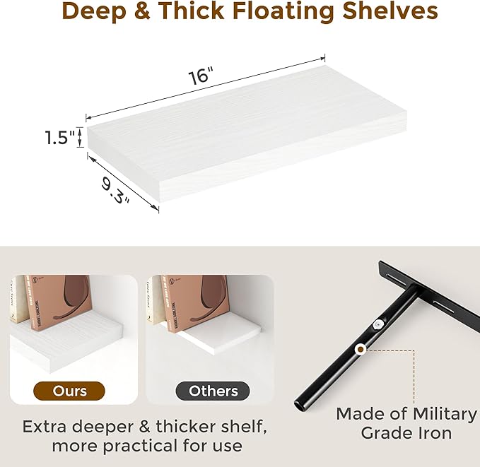 Fun Memories White Floating Shelves, 9 Inch Deep Floating Shelves for Wall, 16" x 9" Wall Shelves Set of 2, Deep Bathroom Shelves for Home Storage, Wide White Floating Shelf for Living Room, Kitchen