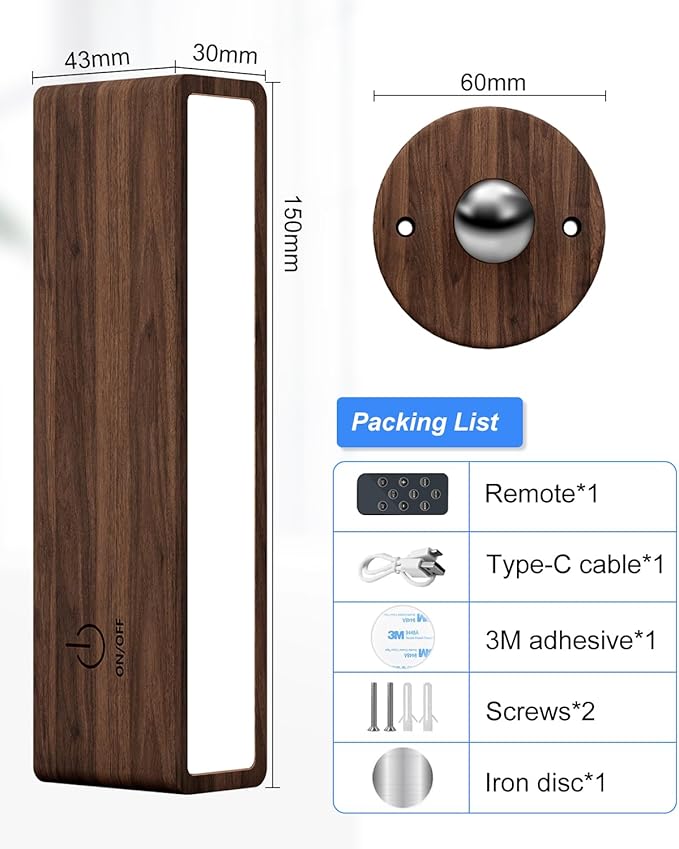 YiLaie Battery Operated Wall Sconce with Remote Control, Rechargeable Wall Lights for Bedroom,Wood Wall Lights Dimmable,Wireless Wall Mount Lamp with 3 Color Temperature for Bedroom,Bedside Reading
