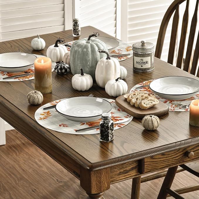 Artoid Mode Beige Buffalo Plaid Polka Dot Pumpkins Leaves Fall Placemats Set of 4, 14 Inch Round Table Mats for Dining Decoration