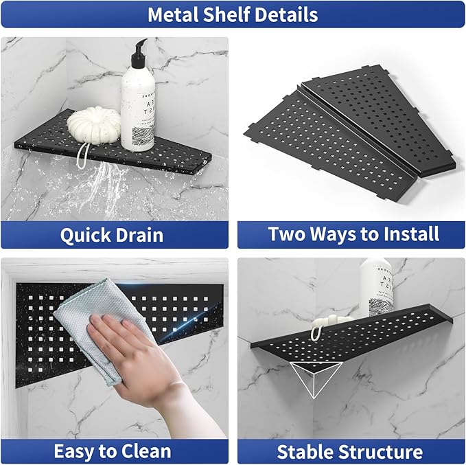 Corner Shower Shelf, Matte Black 12" Trapezoid Floating Shampoo Shelf, 304 Stainless Steel Grid Design Recessed Bathroom Shelf for Tiled Wall, No Drilling