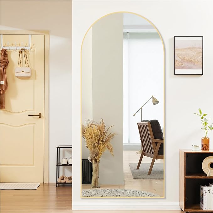 Sweetcrispy 71"x26" Arched Full Length Mirror, Standing or Leaning Full Body Mirror with Aluminum Alloy Thin Frame, Suitable for Bedroom or Cloakroom,Gold