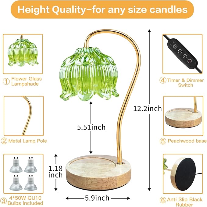 Dimmable Flower Candle Warmer Lamp, Green Candle Warmer with Timer & 4Bulbs, Womens Gifts for Valentines Birthday, Unique Home Decor for Bedroom Living Room Decor Aesthetic