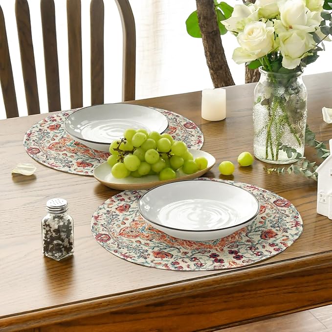 Artoid Mode Boho Round Placemats Set of 4,14 Inch Seasonal Daily Orange Teal Flowers Bohemia Table Mats for Party Kitchen Dining Decoration