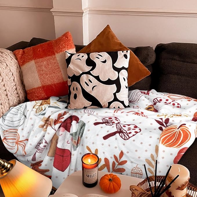 Fall Thanksgiving Throw Blankets,Autumn Gnome Pumpkin Maple Leaves Farmhouse Blanket Throw, Flannel Fleece Throw Blanket for Home Living Room Couch Bed Chair or Dorm Decor 60"x50"