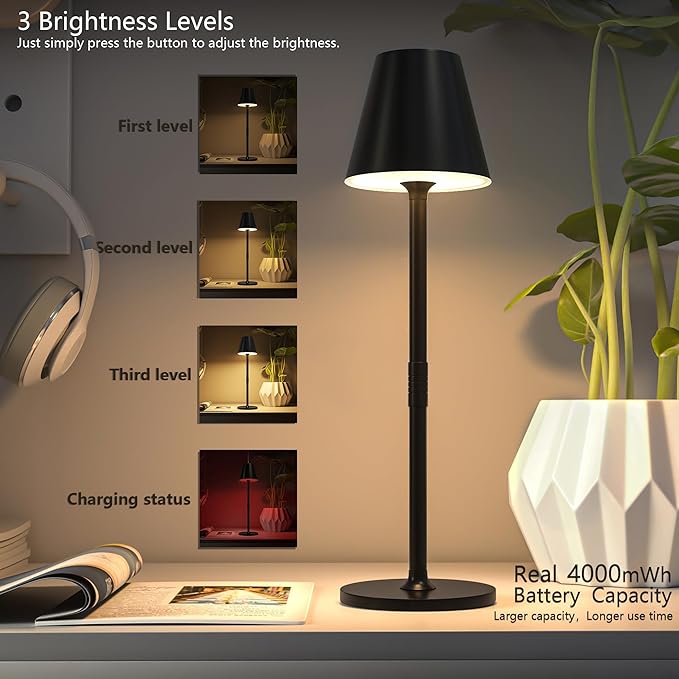 LED CordlessTable Lamp,4000mAh Rechargeable Battery Desk lamp,3 Level Brightness Beside Night Light, Minimalist Design, for Couple Dinner/Coffee Table/Restaurant/Bedroom(Black 4pack)