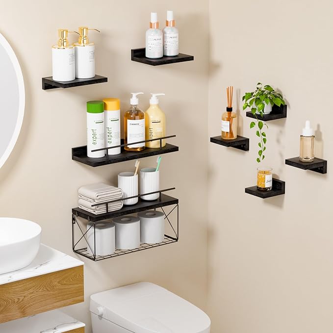 Floating Shelves for Wall Set of 8, Wall Shelves for Decoration and Storage, Bathroom Shelves with Wire Storage Tier, Wood Shelves for Bathroom, Living Room, Bedroom, Kitchen (Black)