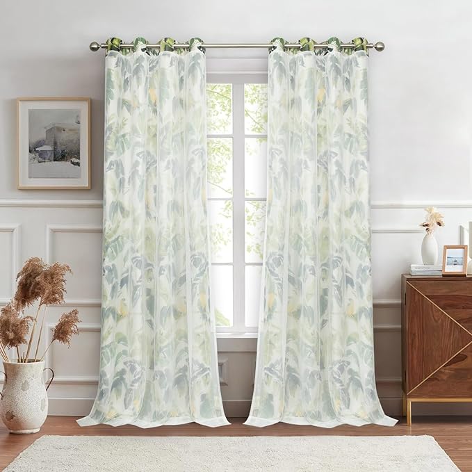Leeva 96 Inch Curtains with White Sheer Tulle Overlay, Green Bird Printing Light Filtering Curtains 2 Panels Set, Grommet Drapes for Nursery Living Room, 52 x 96 Inches