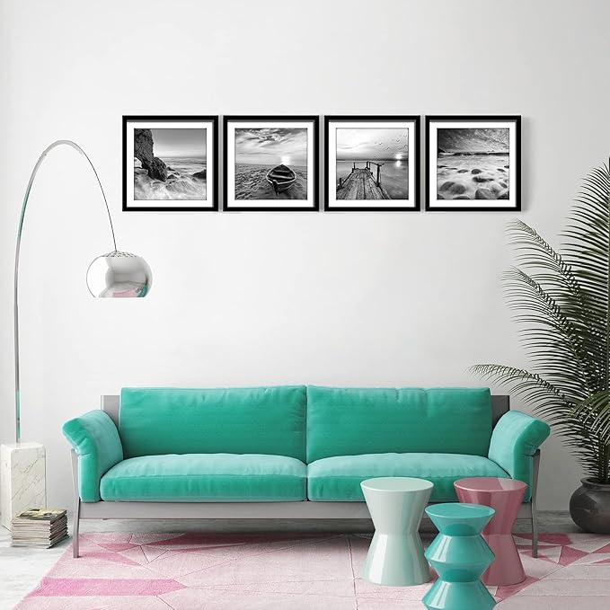 ENGLANT-4 Panels Set Framed Canvas Print for Seascape Beach and Boat Sunrise Scenery Black and White Giclee Canvas Print Wall Art Ready to Hang