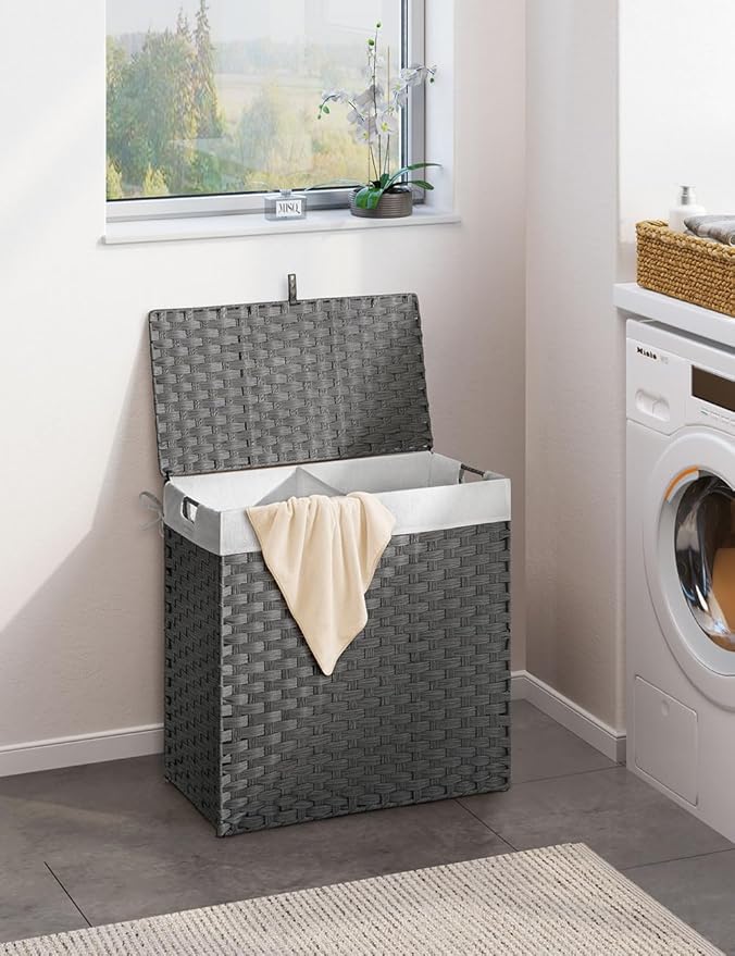 Greenstell Laundry Hamper with lid, No Install Needed, 110L Wicker Laundry Baskets Foldable 2 Removable Liner Bags, 2 Section Clothes Hamper Handwoven Rattan Laundry Basket with Handles, Gray