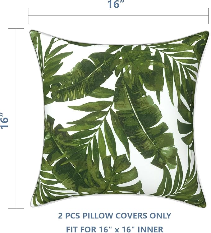 LVTXIII Outdoor Pillow Covers Set of 2, Patio Waterproof Throw Pillow Cases Fade Resistant Accent Pillow Covers for Spring Summer Garden Decoration, 16x16, Palms Green